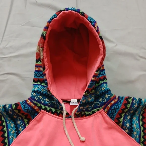 Blue Footed Design Hoodie Womens M Hot Pink Neon Aztec Mayan Native - Picture 2 of 13